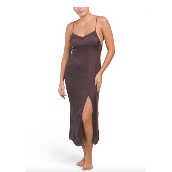 INTIMATELY FREE PEOPLE NWT City Cool Midi Slip Satin Chemise Dress Chocolate M - Picture 1 of 12